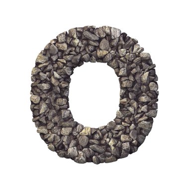 Harf O - büyük harf 3d ezilmiş taş yazı tipi beyaz arka plan üzerinde izole çakıl. Bu alfabe ile ilgili ancak bunlarla sınırlı olmamak doğa, çevre, İnşaat malzemeleri, gayrimenkul için yaratıcı resimler için idealdir...