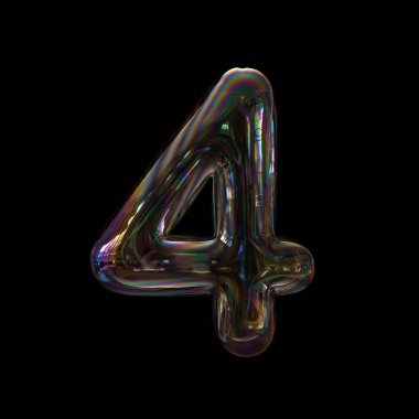 Siyah arka plan üzerine izole sabun köpüğü sayı 4 - 3d şeffaf rakam. Bu alfabe ile ilgili ancak bunlarla sınırlı olmamak çocukluk, hayal gücü, kırılganlık için yaratıcı resimler için idealdir...