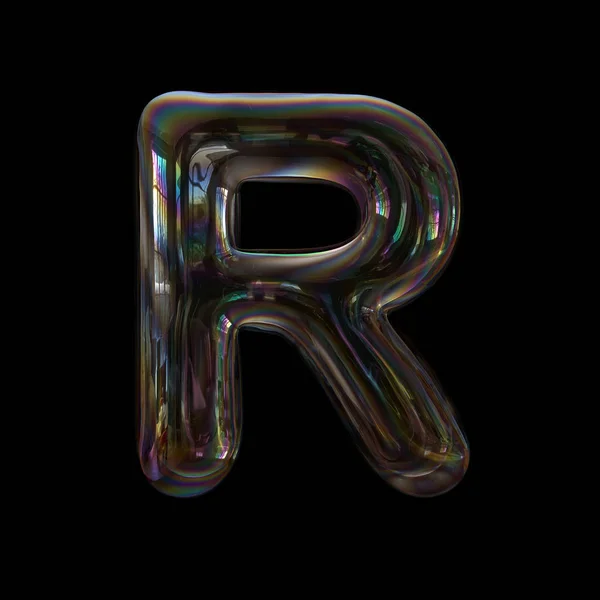 Soap bubble letter R - Uppercase 3d transparent font isolated on black background. This alphabet is perfect for creative illustrations related but not limited to childhood, imagination, fragility...