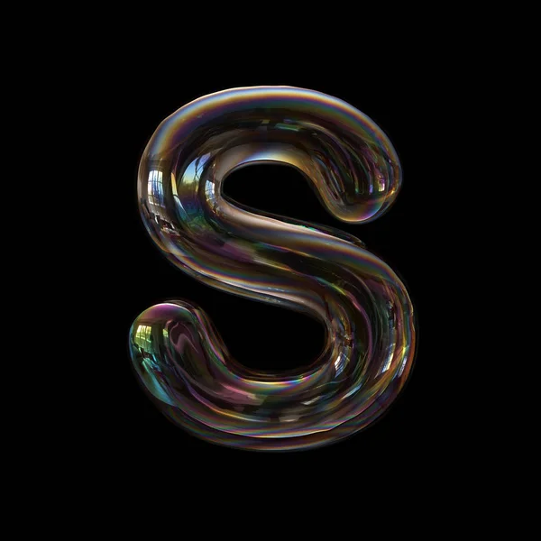 Soap bubble letter S - Uppercase 3d transparent font isolated on black background. This alphabet is perfect for creative illustrations related but not limited to childhood, imagination, fragility...