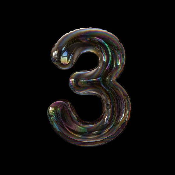 Soap bubble number 3 - 3d transparent digit isolated on black background. This alphabet is perfect for creative illustrations related but not limited to childhood, imagination, fragility...