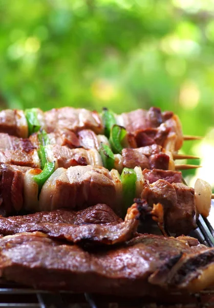 Мясо Перец Деревянном Шампуре — стоковое фото