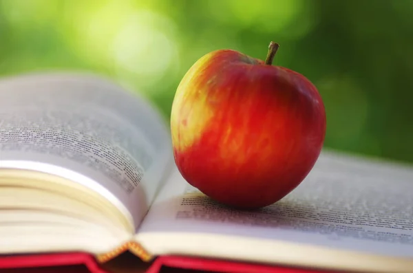 Červené Jablko Otevřenou Knihou Zeleném Pozadí — Stock fotografie