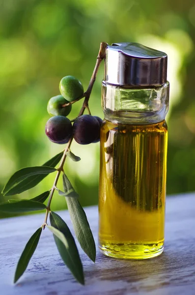 Olivenöl Und Olivenzweig Auf Dem Tisch — Stockfoto