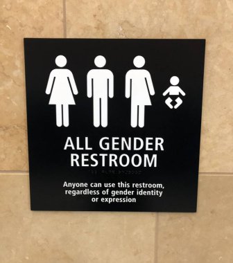 Tüm cinsiyet tuvalet işareti dış ortak banyo tarihinde gönderildi.