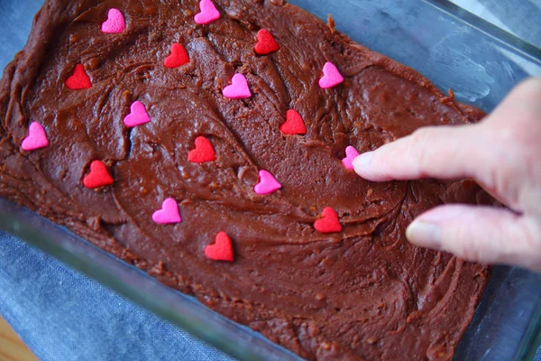 Adding Valentine Candies Pan Chocolate Fudge — Stock Photo, Image