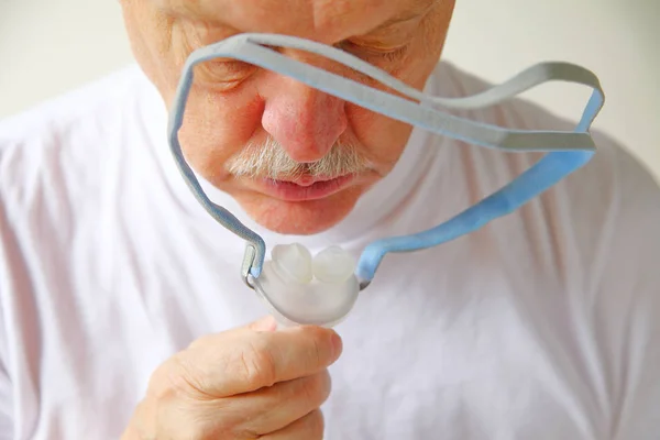 Closeup Senior Man Headgear Portion Continuous Positive Airway Pressure Machine — Stock Photo, Image