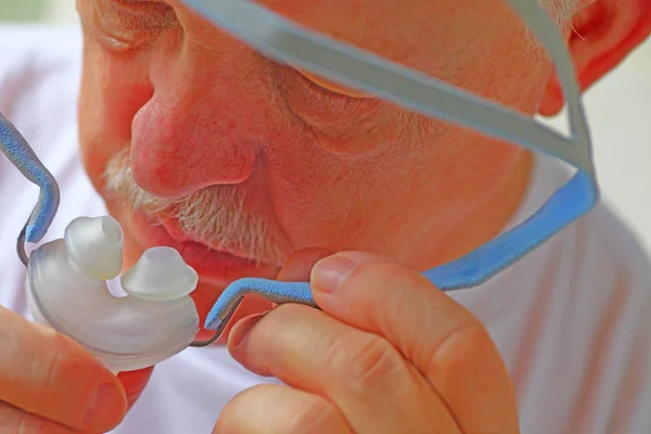 Closeup Older Man His Cpap Sleep Apnea Treatment Headgear — Stock Photo, Image