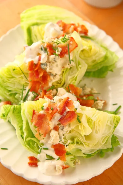 Vertical View Lettuce Wedges Topped Blue Cheese Dressing Bacon Chives — Stock Photo, Image