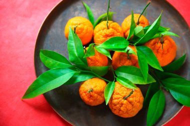 Yaprakları üzerine sığ bir tavada ile birkaç mandalina