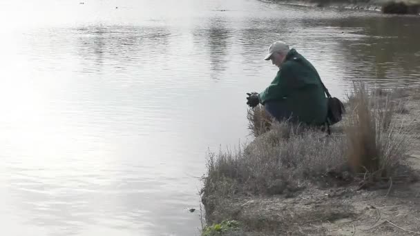Senior Man Rests Park Lake — Stock Video