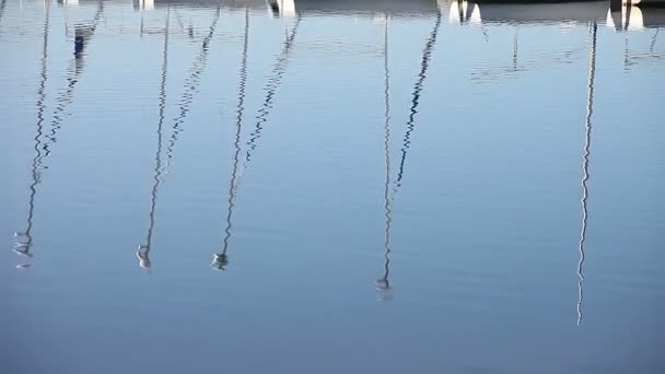 Segelbåts Masterna Reflekteras Sjö — Stockvideo