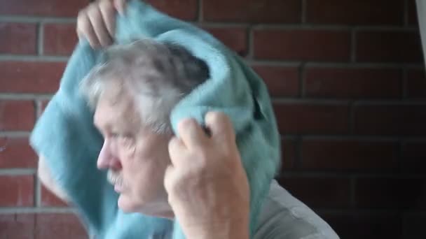 男はシャワーの後に髪を乾かす — ストック動画