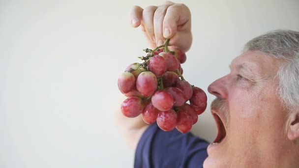 Старший Чоловік Їсть Купки Великого Фіолетового Винограду — стокове відео