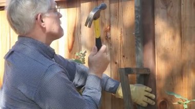 Yaşlı adam ahşap çitinin üzerine bir trellis inşa ediyor.