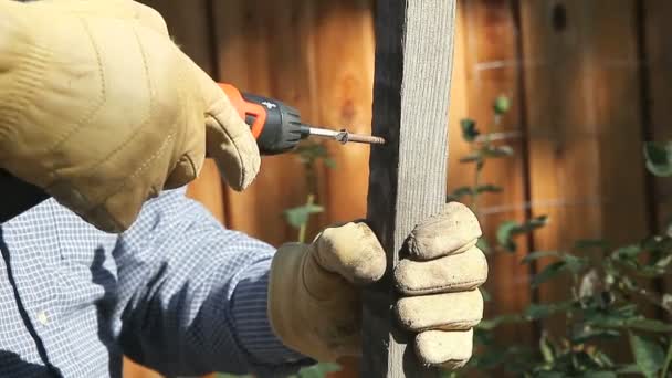 Ein Hausbesitzer Der Einem Stück Holz Arbeitet — Stockvideo