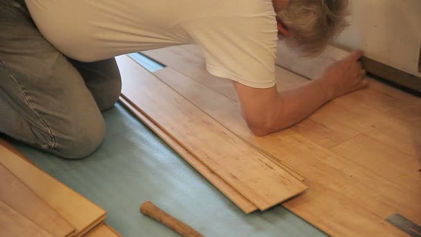 Hombre Instalando Tablas Laminadas Casa — Vídeos de Stock