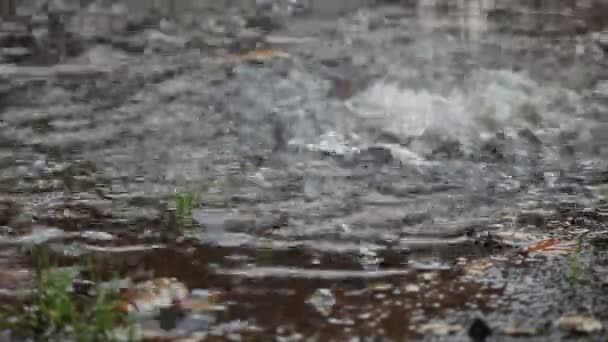 暴风雨期间 屋顶下坑下的大型水坑 — 图库视频影像