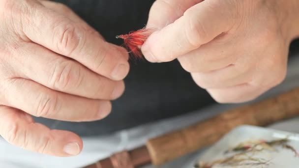 Ein Mann Mit Einem Fingerzittern Hält Einen Fliegenfischköder Der Hand — Stockvideo