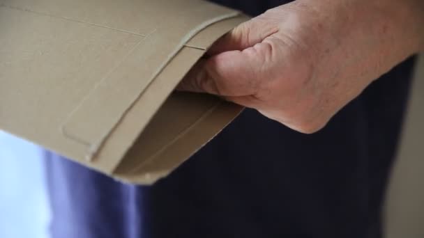 Man Removes Paper Old Fashioned Handwriting Cardboard Envelope — Stock Video