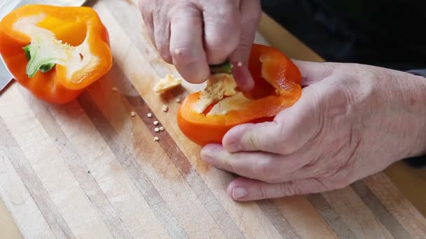 Hombre Saca Semillas Brota Pimiento Con Espacio Para Copiar — Vídeo de stock