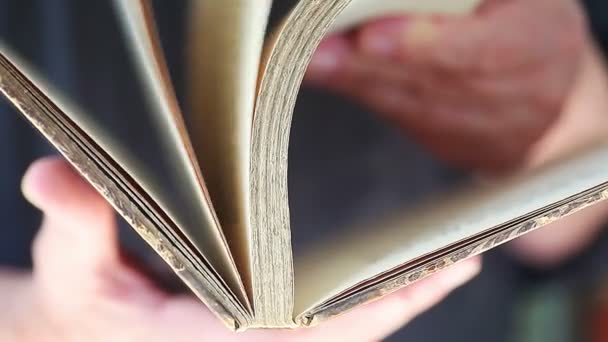 Vue Rapprochée Homme Feuilletant Les Pages Vieux Livre — Video