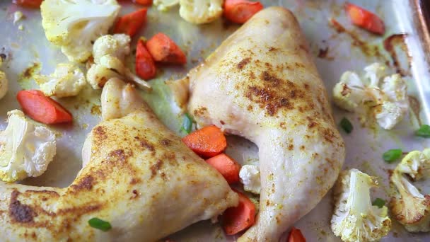 Adding Chopped Scallions Sheet Pan Chicken Dinner Vegetables — Stock Video