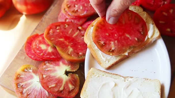 Homem Sênior Coloca Fatias Tomate Pão Espalhado Com Maionese Com — Vídeo de Stock
