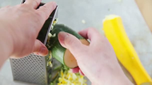 Point View Woman Using Box Grater Grate Zucchini — Stock Video