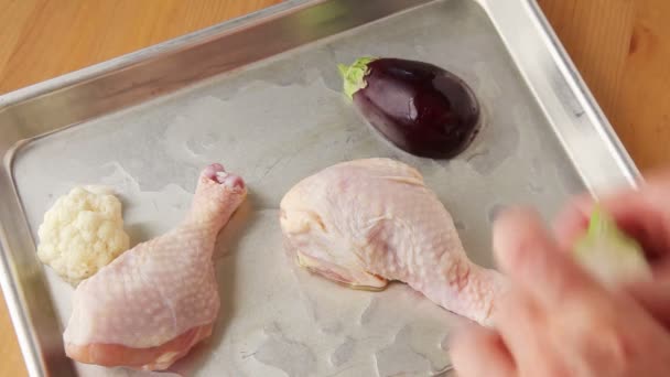 Woman Prepares Chicken Sheet Pan Dinner Vegetables One — Stock Video