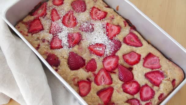 Sifting Powdered Sugar Top Freshly Baked Cake Decorated Fresh Strawberries — Stock Video