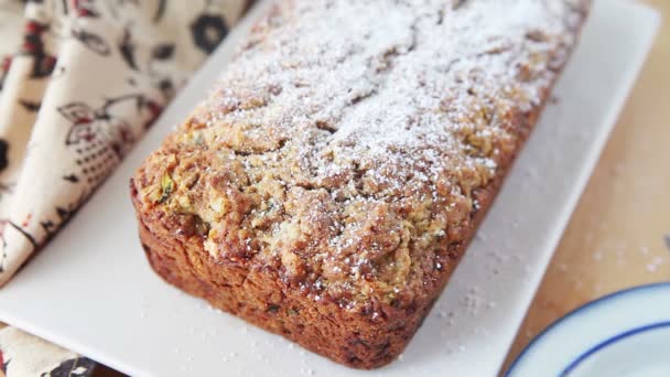 Using Metal Sifter Woman Tops Loaf Zucchini Bread Powdered Sugar — Stock Video
