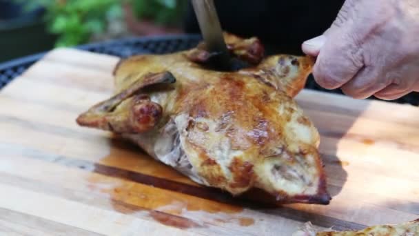 Hombre Corta Pato Una Tabla Cortar Una Mesa Patio Afuera — Vídeo de stock