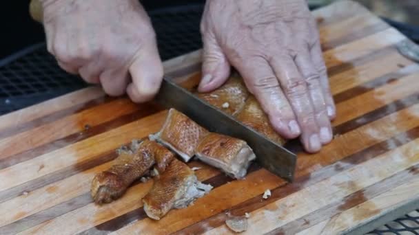 Hombre Corta Pechuga Pato Asado Trozos Tamaño Porción — Vídeo de stock