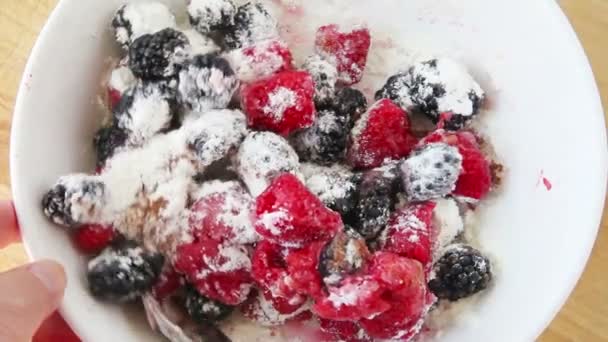 Preparing Fresh Berries Add Cake Batter — Stock Video