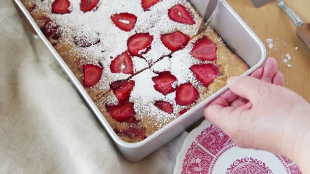 Woman Cuts Serves Portion Fresh Strawberry Cake — Stock Video