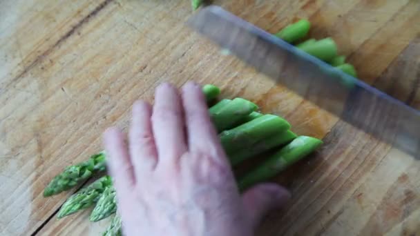 Cutting Fresh Asparagus Wooden Board — Stock Video