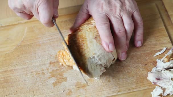 Vista Aérea Del Hombre Cortando Carne Pavo Rodajas Finas — Vídeos de Stock