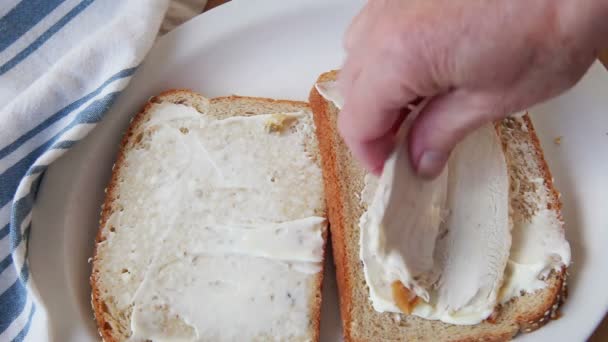 Femme Met Des Tranches Dinde Rôtie Farce Sauce Aux Canneberges — Video