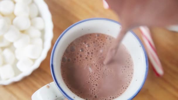 Heißen Kakao Einen Becher Gießen Und Marshmallows Und Zuckerrohr Hinzufügen — Stockvideo