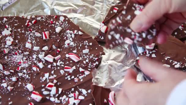 Preparando Pedaços Chocolate Cobertos Com Pedaços Hortelã Pimenta — Vídeo de Stock