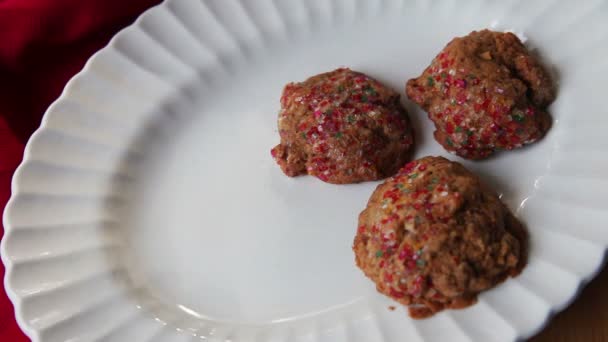 Woman Puts Assortment Holiday Cookies White Platter — Stock Video