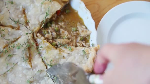 Woman Cuts Portion Pot Pie Places Dish — Stock Video