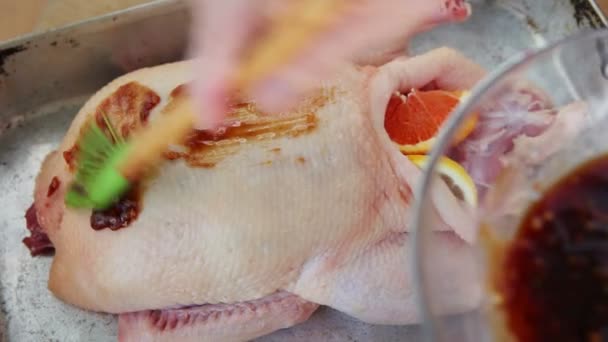 Eine Dicke Asiatisch Inspirierte Sauce Auf Einer Rohen Ente Hinzufügen — Stockvideo