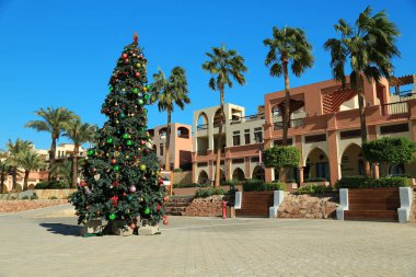 JORDAN, AQABA, DECEMBER 10, 2016: Christmas tree on the street in Tala Bay resort near Aqaba city, Hashemite Kingdom of Jordan clipart