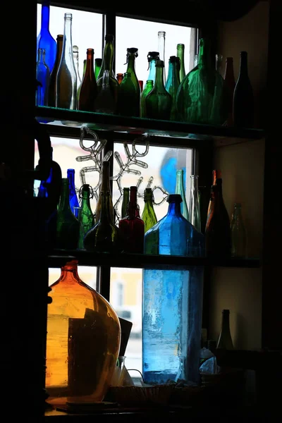 Multi Colored Bottles Windowsill — Stock Photo, Image