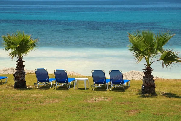 海滩上的蓝色躺椅 — 图库照片