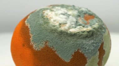 Mandalina küfle kaplı. Çürük mandalina. Çürük narenciye meyvesi gri arka planda döner, yakın çekim.