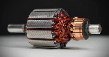 Perküsyon masajcısı, yakınlaştırma videosu gibi küçük bir ev aletinin elektrikli motorundan bakır bobin ile pervane veya armatür.