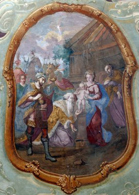 Doğum sahnesi, Magi, açık havada kar Belec, Hırvatistan Our Lady Kilisesi, tavanda hayranlığı 